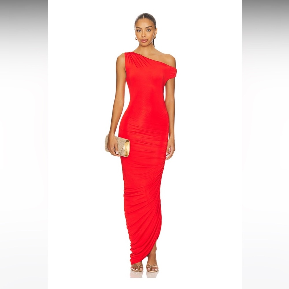 Lovers + Friends One-Shoulder Red Ruched Maxi Dress